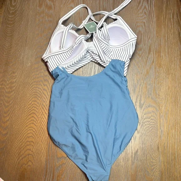 Eomenie Womens One Piece Swimsuit Striped Cutout Monokini Blue White Size M NWT - Picture 2 of 2